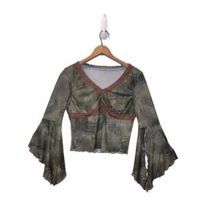 Baby Doll Green Paisley Mesh Bell Sleeve Top Small Forest Fairy Whimsigoth